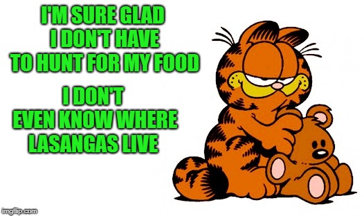oh Garfeild | I'M SURE GLAD I DON'T HAVE TO HUNT FOR MY FOOD; I DON'T EVEN KNOW WHERE LASANGAS LIVE | image tagged in garfield,silly | made w/ Imgflip meme maker