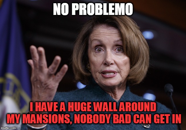 Good old Nancy Pelosi | NO PROBLEMO I HAVE A HUGE WALL AROUND MY MANSIONS, NOBODY BAD CAN GET IN | image tagged in good old nancy pelosi | made w/ Imgflip meme maker