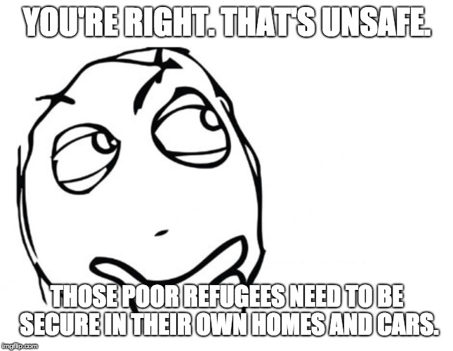 hmmm | YOU'RE RIGHT. THAT'S UNSAFE. THOSE POOR REFUGEES NEED TO BE SECURE IN THEIR OWN HOMES AND CARS. | image tagged in hmmm | made w/ Imgflip meme maker