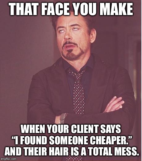Face You Make Robert Downey Jr Meme | THAT FACE YOU MAKE; WHEN YOUR CLIENT SAYS “I FOUND SOMEONE CHEAPER.” AND THEIR HAIR IS A TOTAL MESS. | image tagged in memes,face you make robert downey jr | made w/ Imgflip meme maker