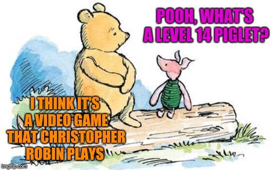 winnie the pooh and piglet | POOH, WHAT'S A LEVEL 14 PIGLET? I THINK IT'S A VIDEO GAME THAT CHRISTOPHER ROBIN PLAYS | image tagged in winnie the pooh and piglet | made w/ Imgflip meme maker