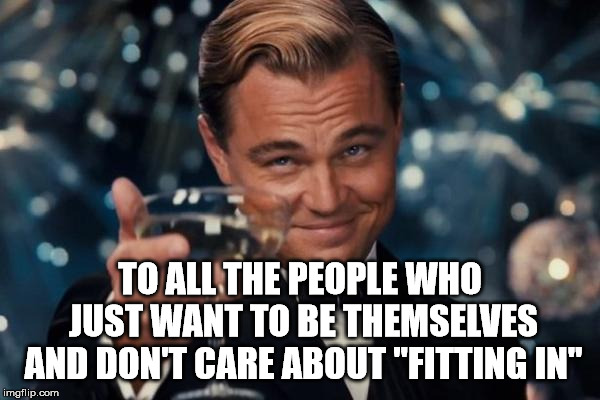 Leonardo Dicaprio Cheers | TO ALL THE PEOPLE WHO JUST WANT TO BE THEMSELVES AND DON'T CARE ABOUT "FITTING IN" | image tagged in memes,leonardo dicaprio cheers | made w/ Imgflip meme maker