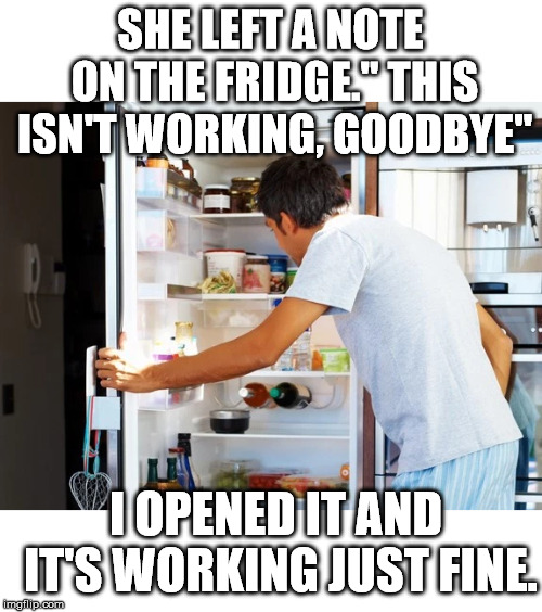 SHE LEFT A NOTE ON THE FRIDGE." THIS ISN'T WORKING, GOODBYE"; I OPENED IT AND IT'S WORKING JUST FINE. | image tagged in fridge | made w/ Imgflip meme maker