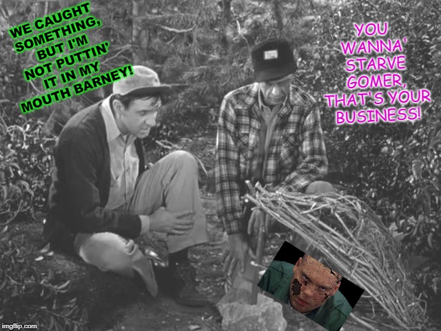 Barney Grylls Fife! | YOU WANNA' STARVE GOMER, THAT'S YOUR BUSINESS! WE CAUGHT SOMETHING, BUT I'M NOT PUTTIN' IT IN MY MOUTH BARNEY! | image tagged in barney grylls fife | made w/ Imgflip meme maker