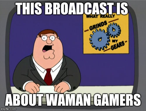 Peter Griffin News Meme | THIS BROADCAST IS; ABOUT WAMAN GAMERS | image tagged in memes,peter griffin news | made w/ Imgflip meme maker