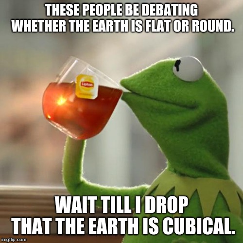 But That's None Of My Business | THESE PEOPLE BE DEBATING WHETHER THE EARTH IS FLAT OR ROUND. WAIT TILL I DROP THAT THE EARTH IS CUBICAL. | image tagged in memes,but thats none of my business,kermit the frog | made w/ Imgflip meme maker