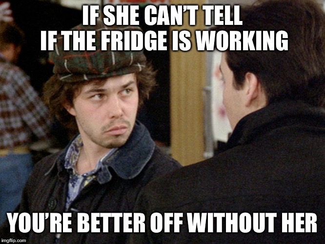 Better Off Dead | IF SHE CAN’T TELL IF THE FRIDGE IS WORKING YOU’RE BETTER OFF WITHOUT HER | image tagged in better off dead | made w/ Imgflip meme maker