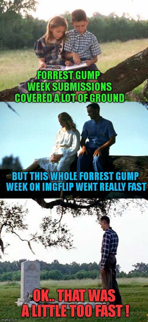 Thank you CravenMoordik ! This was a Great Week ! *Forrest Gump Week Feb 10th-16th* (A CravenMoordik event) | FORREST GUMP WEEK SUBMISSIONS COVERED A LOT OF GROUND; BUT THIS WHOLE FORREST GUMP WEEK ON IMGFLIP WENT REALLY FAST; OK.. THAT WAS A LITTLE TOO FAST ! | image tagged in forrest gump week,jenny,tree,the week is over | made w/ Imgflip meme maker