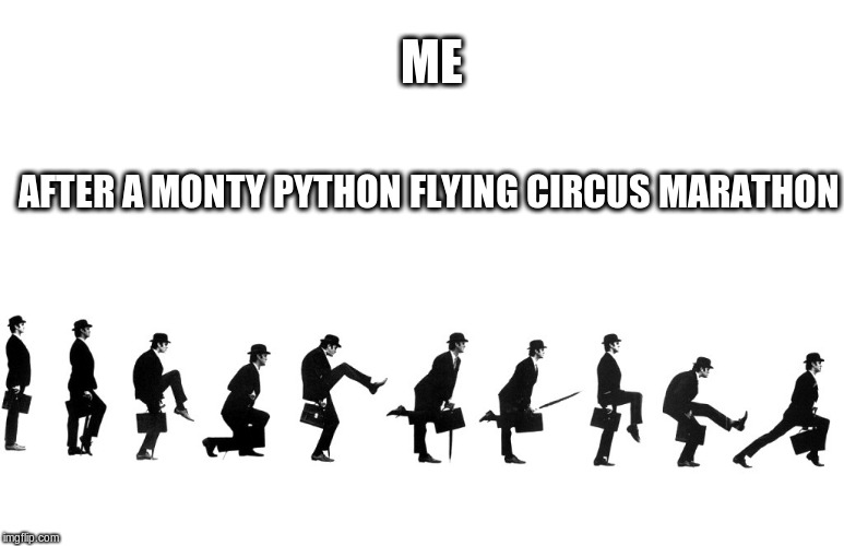 Monty Python's Flying Circus  | ME; AFTER A MONTY PYTHON FLYING CIRCUS MARATHON | image tagged in monty python,monty python silly walk,silly walk,funny meme | made w/ Imgflip meme maker