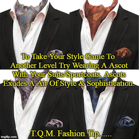 To Take Your Style Game To Another Level Try Wearing A Ascot With Your Suits/Sportcoats. Ascots Exudes A Air Of Style & Sophistication. T.Q.M. Fashion Tip...... | made w/ Imgflip meme maker