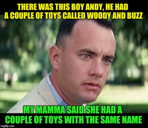 And Just Like That Meme | THERE WAS THIS BOY ANDY, HE HAD A COUPLE OF TOYS CALLED WOODY AND BUZZ MY MAMMA SAID SHE HAD A COUPLE OF TOYS WITH THE SAME NAME | image tagged in forrest gump | made w/ Imgflip meme maker