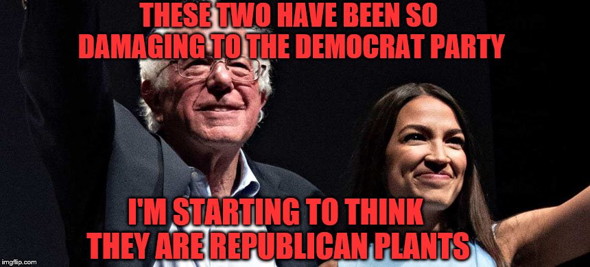 I'm running out of alternative explanations | THESE TWO HAVE BEEN SO DAMAGING TO THE DEMOCRAT PARTY; I'M STARTING TO THINK THEY ARE REPUBLICAN PLANTS | image tagged in bernie,aoc,stupidity,democrats,socialists | made w/ Imgflip meme maker
