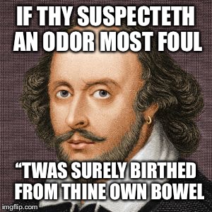 IF THY SUSPECTETH AN ODOR
MOST FOUL; ‘‘TWAS SURELY BIRTHED 
FROM THINE OWN BOWEL | image tagged in shakespeare,fart jokes | made w/ Imgflip meme maker