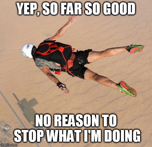 Skydiver | YEP, SO FAR SO GOOD NO REASON TO STOP WHAT I'M DOING | image tagged in skydiver | made w/ Imgflip meme maker