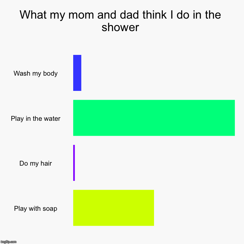 What my mom and dad think I do in the shower | Wash my body, Play in the water, Do my hair, Play with soap | image tagged in charts,bar charts | made w/ Imgflip chart maker