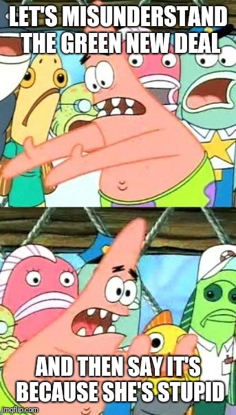 Put It Somewhere Else Patrick Meme | LET'S MISUNDERSTAND THE GREEN NEW DEAL; AND THEN SAY IT'S BECAUSE SHE'S STUPID | image tagged in memes,put it somewhere else patrick | made w/ Imgflip meme maker