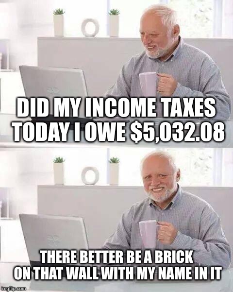 Hide the Pain Harold Meme | DID MY INCOME TAXES TODAY I OWE $5,032.08; THERE BETTER BE A BRICK ON THAT WALL WITH MY NAME IN IT | image tagged in memes,hide the pain harold | made w/ Imgflip meme maker