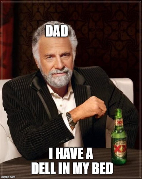 The Most Interesting Man In The World Meme | DAD; I HAVE A DELL IN MY BED | image tagged in memes,the most interesting man in the world | made w/ Imgflip meme maker