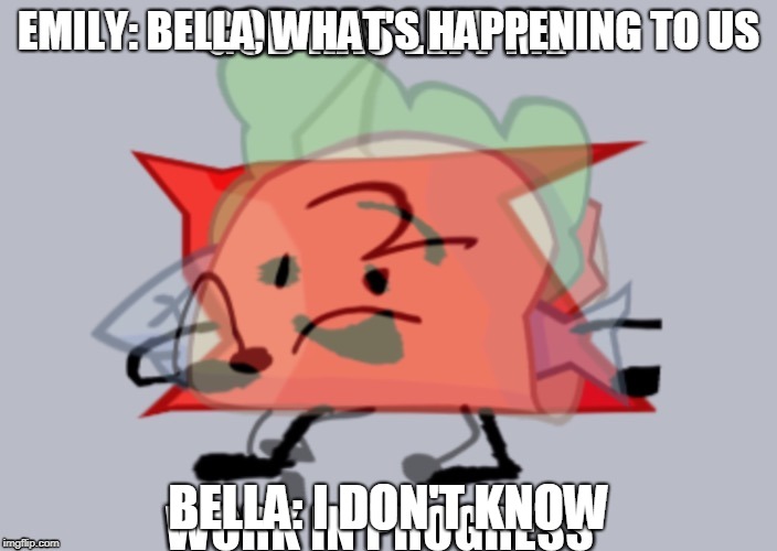 Tacopin | EMILY: BELLA, WHAT'S HAPPENING TO US; BELLA: I DON'T KNOW | image tagged in tacopin | made w/ Imgflip meme maker