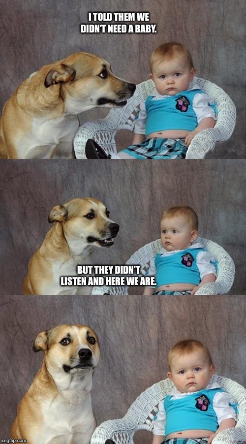 Dad Joke Dog Meme | I TOLD THEM WE DIDN’T NEED A BABY. BUT THEY DIDN’T LISTEN AND HERE WE ARE. | image tagged in memes,dad joke dog | made w/ Imgflip meme maker