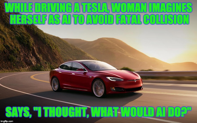 WHILE DRIVING A TESLA, WOMAN IMAGINES HERSELF AS AI TO AVOID FATAL COLLISION; SAYS, "I THOUGHT, WHAT WOULD AI DO?" | image tagged in ai,tesla | made w/ Imgflip meme maker