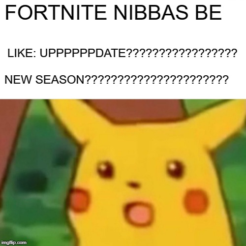 Surprised Pikachu | FORTNITE NIBBAS BE; LIKE: UPPPPPPDATE????????????????? NEW SEASON?????????????????????? | image tagged in memes,surprised pikachu | made w/ Imgflip meme maker
