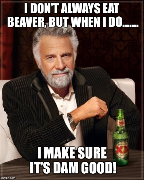The Most Interesting Man In The World Meme | I DON’T ALWAYS EAT BEAVER, BUT WHEN I DO....... I MAKE SURE IT’S DAM GOOD! | image tagged in memes,the most interesting man in the world | made w/ Imgflip meme maker