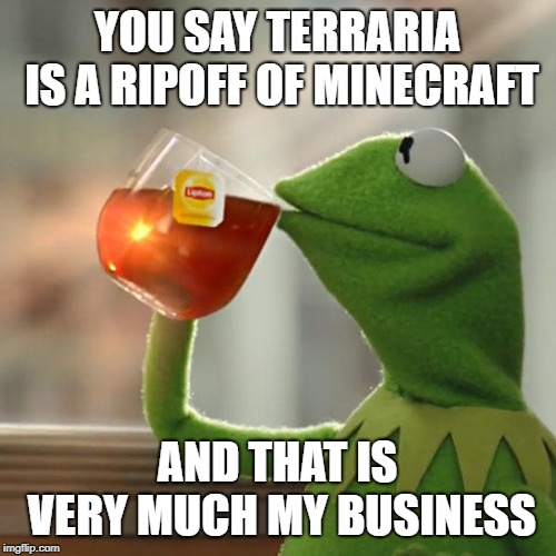 But That's None Of My Business | YOU SAY TERRARIA IS A RIPOFF OF MINECRAFT; AND THAT IS VERY MUCH MY BUSINESS | image tagged in memes,but thats none of my business,kermit the frog | made w/ Imgflip meme maker