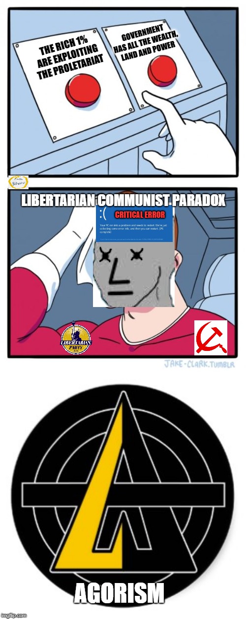 Hegelian dialectical confusion of right and left | GOVERNMENT HAS ALL THE WEALTH, LAND AND POWER; THE RICH 1% ARE EXPLOITING THE PROLETARIAT; LIBERTARIAN COMMUNIST PARADOX; CRITICAL ERROR; AGORISM | image tagged in memes,two buttons,agorism,npc meme,hegel | made w/ Imgflip meme maker