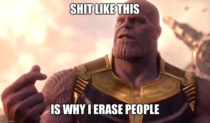 thanos snap | SHIT LIKE THIS; IS WHY I ERASE PEOPLE | image tagged in thanos snap | made w/ Imgflip meme maker