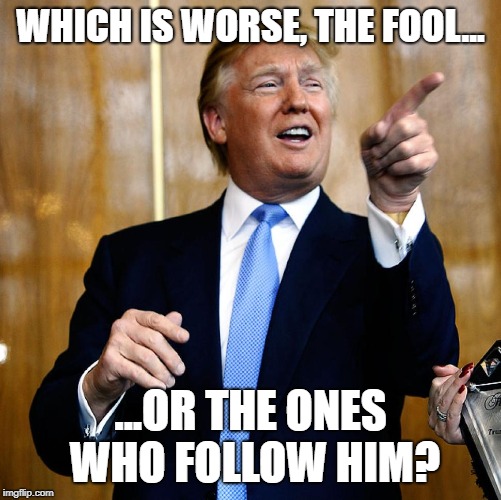 Donal Trump Birthday | WHICH IS WORSE, THE FOOL... ...OR THE ONES WHO FOLLOW HIM? | image tagged in donal trump birthday | made w/ Imgflip meme maker