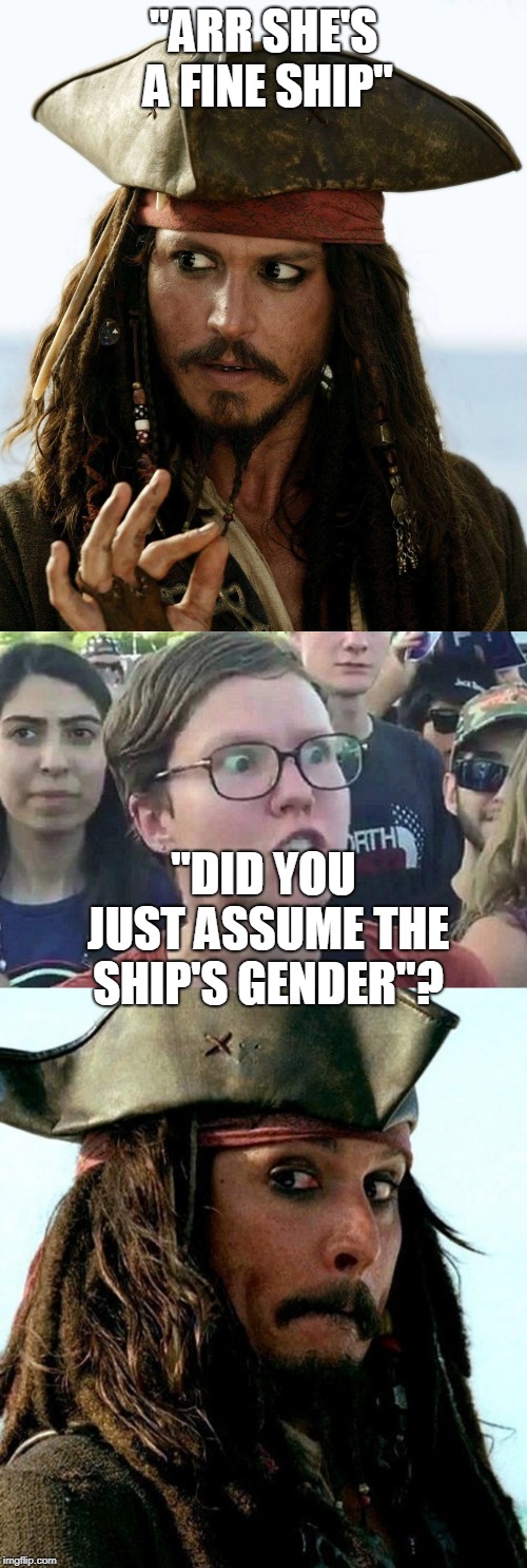 pirate ship gender? | "ARR SHE'S A FINE SHIP"; "DID YOU JUST ASSUME THE SHIP'S GENDER"? | image tagged in jack sparrow,pirate,pirates of the carribean,triggered,triggered feminist | made w/ Imgflip meme maker