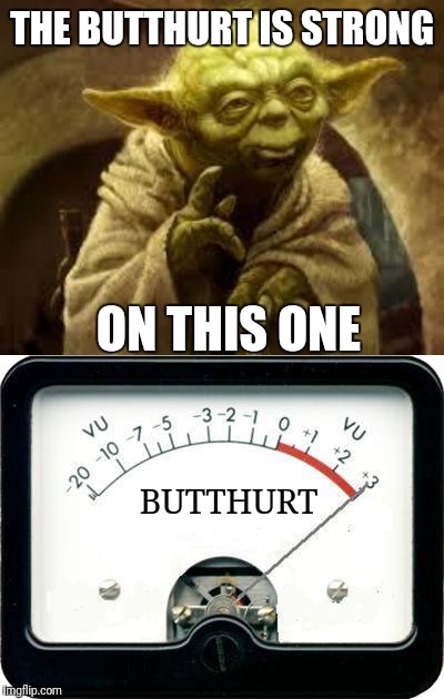 THE BUTTHURT IS STRONG BUTTHURT ON THIS ONE | image tagged in yoda,irony meter | made w/ Imgflip meme maker
