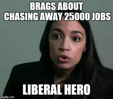 Aocidiot | BRAGS ABOUT CHASING AWAY 25000 JOBS; LIBERAL HERO | image tagged in aocidiot | made w/ Imgflip meme maker