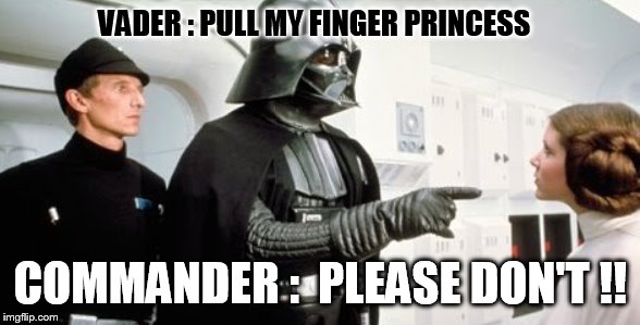 Vader flatulence | VADER : PULL MY FINGER PRINCESS; COMMANDER :  PLEASE DON'T !! | image tagged in darth vader | made w/ Imgflip meme maker