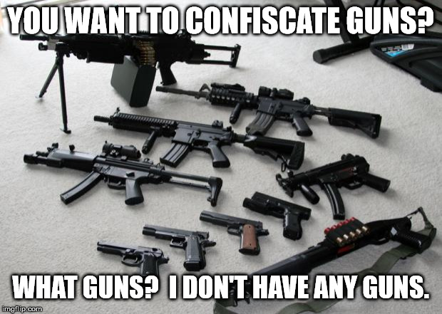 guns | YOU WANT TO CONFISCATE GUNS? WHAT GUNS?  I DON'T HAVE ANY GUNS. | image tagged in guns | made w/ Imgflip meme maker