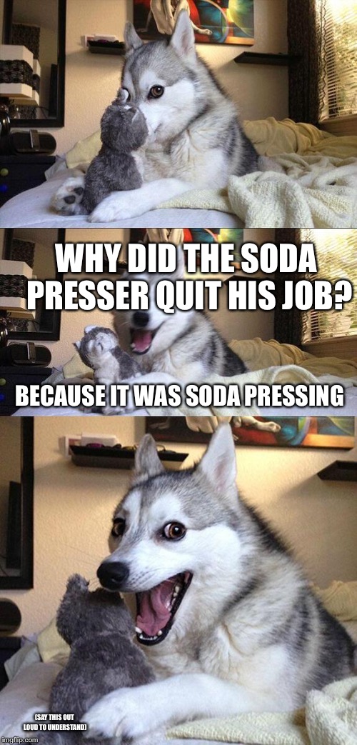 First meme for the stream! | WHY DID THE SODA PRESSER QUIT HIS JOB? BECAUSE IT WAS SODA PRESSING; (SAY THIS OUT LOUD TO UNDERSTAND) | image tagged in memes,bad pun dog | made w/ Imgflip meme maker