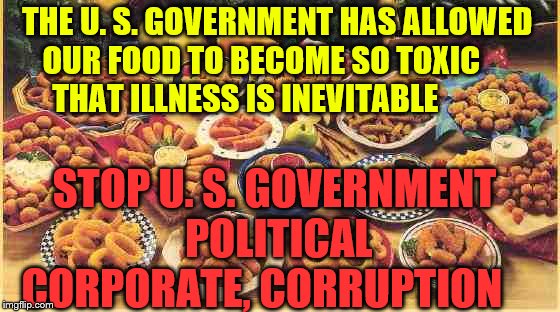 fried foods | THE U. S. GOVERNMENT HAS ALLOWED     OUR FOOD TO BECOME SO TOXIC              THAT ILLNESS IS INEVITABLE; STOP U. S. GOVERNMENT POLITICAL CORPORATE, CORRUPTION | image tagged in fried foods | made w/ Imgflip meme maker