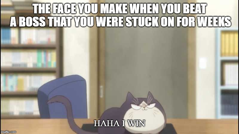 haru's win face | THE FACE YOU MAKE WHEN YOU BEAT A BOSS THAT YOU WERE STUCK ON FOR WEEKS; HAHA I WIN | image tagged in memes,funny,funny memes,anime,animeme | made w/ Imgflip meme maker