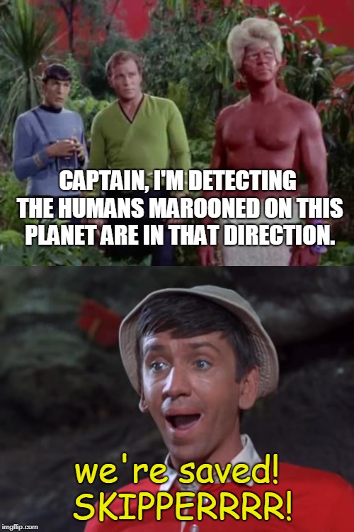Gilligan Trek | CAPTAIN, I'M DETECTING THE HUMANS MAROONED ON THIS PLANET ARE IN THAT DIRECTION. we're saved! SKIPPERRRR! | image tagged in gilligan's island,star trek,funny,mashup,sci-fi | made w/ Imgflip meme maker