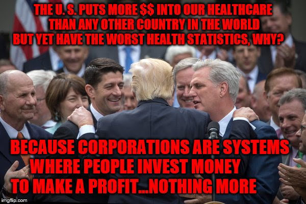 GOP repeals healthcare and laughs | THE U. S. PUTS MORE $$ INTO OUR HEALTHCARE THAN ANY OTHER COUNTRY IN THE WORLD BUT YET HAVE THE WORST HEALTH STATISTICS, WHY? BECAUSE CORPORATIONS ARE SYSTEMS    WHERE PEOPLE INVEST MONEY              TO MAKE A PROFIT...NOTHING MORE | image tagged in gop repeals healthcare and laughs | made w/ Imgflip meme maker