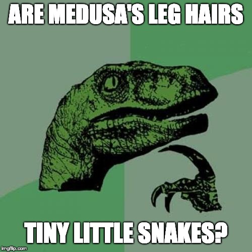 Philosoraptor | ARE MEDUSA'S LEG HAIRS; TINY LITTLE SNAKES? | image tagged in memes,philosoraptor | made w/ Imgflip meme maker