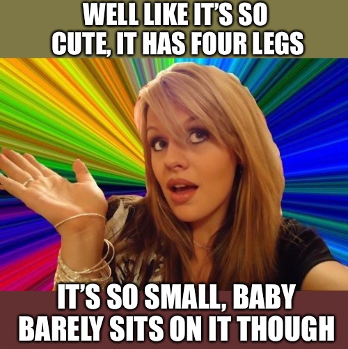 Dumb Blonde Meme | WELL LIKE IT’S SO CUTE, IT HAS FOUR LEGS IT’S SO SMALL, BABY BARELY SITS ON IT THOUGH | image tagged in memes,dumb blonde | made w/ Imgflip meme maker