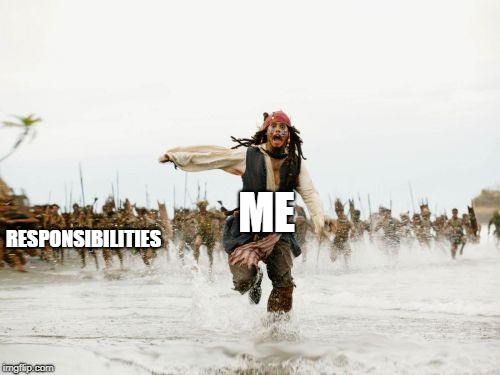 Jack Sparrow Being Chased Meme | ME; RESPONSIBILITIES | image tagged in memes,jack sparrow being chased | made w/ Imgflip meme maker
