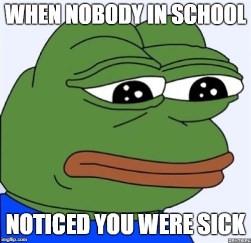 sad frog | WHEN NOBODY IN SCHOOL; NOTICED YOU WERE SICK | image tagged in sad frog | made w/ Imgflip meme maker