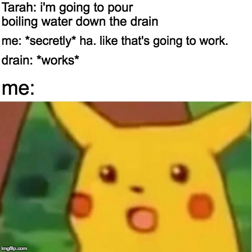 Surprised Pikachu | Tarah: i'm going to pour boiling water down the drain; me: *secretly* ha. like that's going to work. drain: *works*; me: | image tagged in memes,surprised pikachu | made w/ Imgflip meme maker
