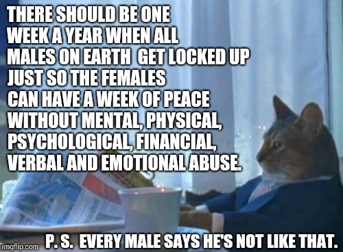 Tired Of The BS.  What's More Important To You?   | THERE SHOULD BE ONE WEEK A YEAR WHEN ALL MALES ON EARTH  GET LOCKED UP; JUST SO THE FEMALES CAN HAVE A WEEK OF PEACE WITHOUT MENTAL, PHYSICAL, PSYCHOLOGICAL, FINANCIAL, VERBAL AND EMOTIONAL ABUSE. P. S.  EVERY MALE SAYS HE'S NOT LIKE THAT. | image tagged in memes,men vs women,assault,manipulation,common sense,stop it get some help | made w/ Imgflip meme maker