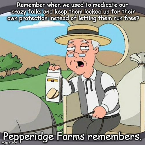 Pepperidge Farm Remembers | Remember when we used to medicate our crazy folks and keep them locked up for their own protection instead of letting them run free? Pepperidge Farms remembers. | image tagged in memes,pepperidge farm remembers | made w/ Imgflip meme maker