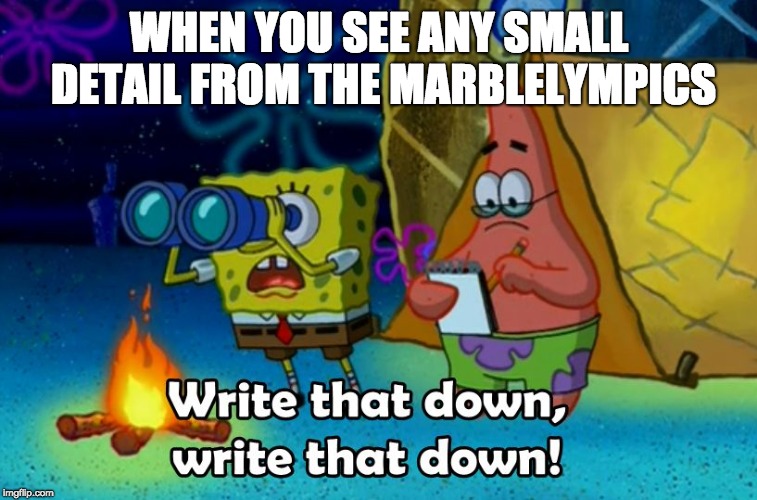 write that down | WHEN YOU SEE ANY SMALL DETAIL FROM THE MARBLELYMPICS | image tagged in write that down | made w/ Imgflip meme maker