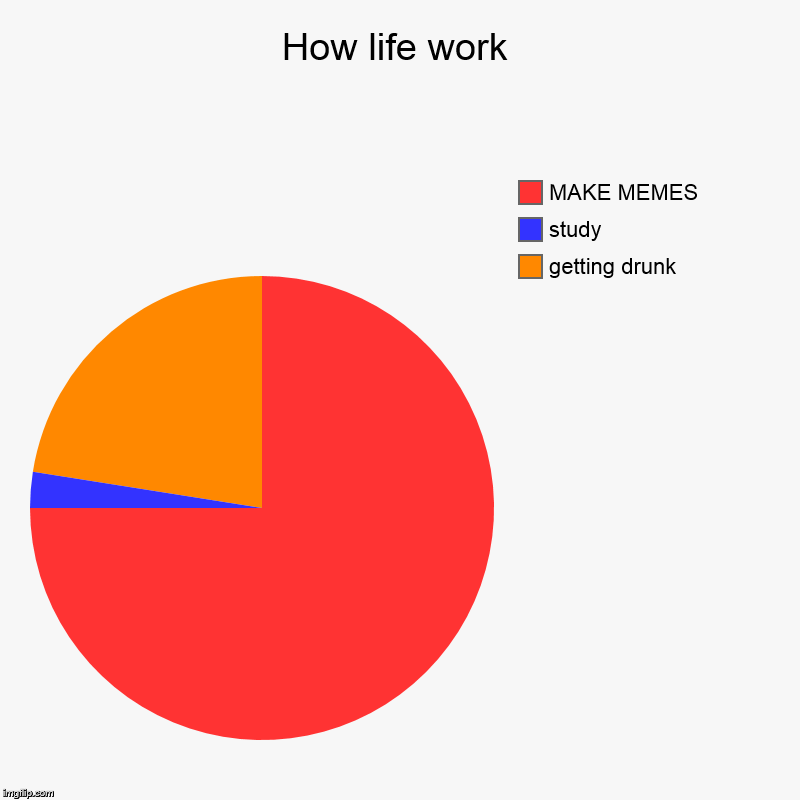 How life work | getting drunk, study, MAKE MEMES | image tagged in charts,pie charts | made w/ Imgflip chart maker